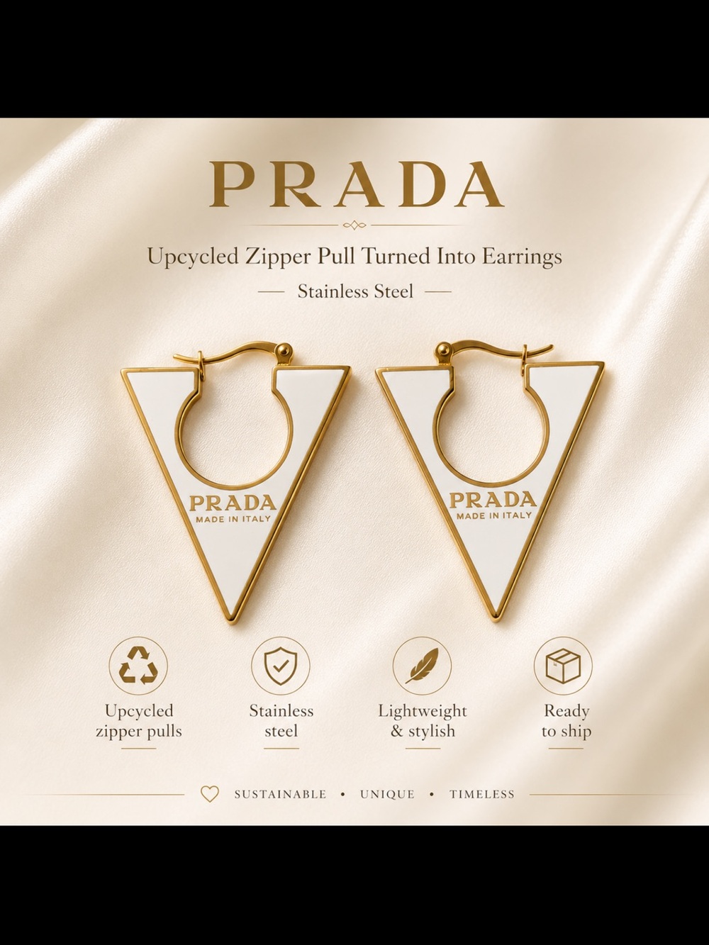 PRADA Gold and White Triangle Hoop Earrings